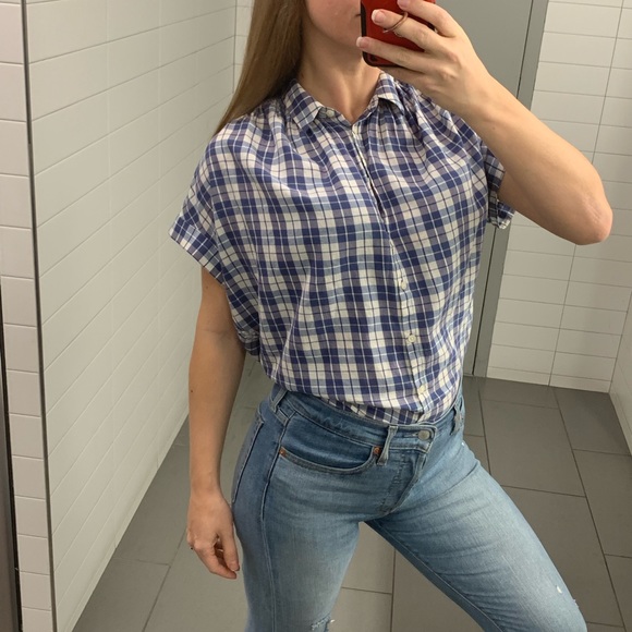 Madewell plaid open back baggy shoulder denim top - Picture 6 of 8